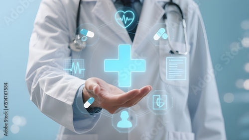 Doctor holding digital medical interface with healthcare symbols