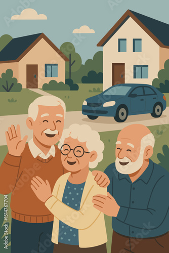 Happy senior couple waving with friend or family, illustration of retired elderly people. Concept of active retirement living, community, aging gracefully, and suburban home ownership.