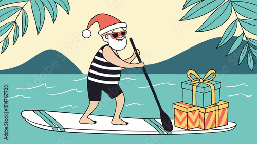 Santa's Tropical Christmas Paddle: Holiday Season Illustration