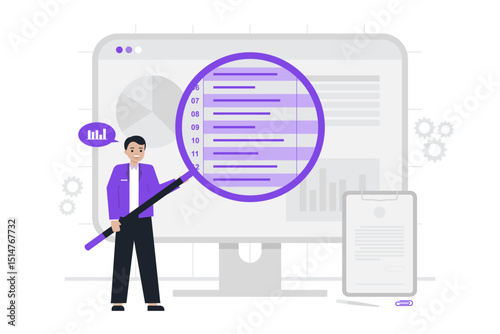 A business analyst examining data on a large screen with a magnifying glass, symbolizing thorough data analysis and insights, with charts and graphs in the background.