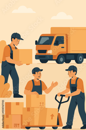 Logistics team loading cardboard boxes. Delivery service workers preparing packages for shipping with truck and pallet jack. Freight distribution and cargo transportation industry concept.