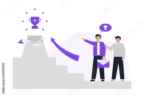 A consultant guiding a client up a staircase towards a trophy, symbolizing strategic mentorship and goal achievement through a professional roadmap.