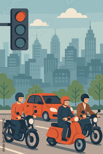 City traffic jam concept with motorbikes, scooter, and car waiting at red traffic light. Urban street scene illustration with riders. Downtown cityscape background. Vector for transportation design.