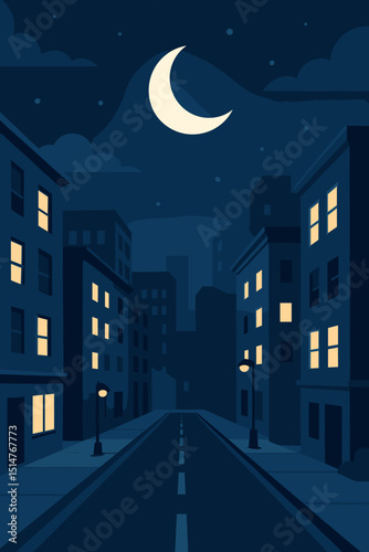 Moonlit cityscape vector illustration of a quiet urban street at night with glowing windows, streetlights, and a crescent moon. Dark blue city scene with buildings and an empty road perspective.
