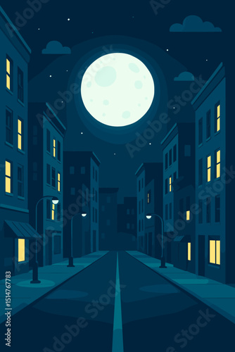 Moonlit cityscape vector illustration. Empty night street scene with full moon, glowing windows, and streetlights. Urban landscape background for mystery or serene concepts. Dark blue tones.
