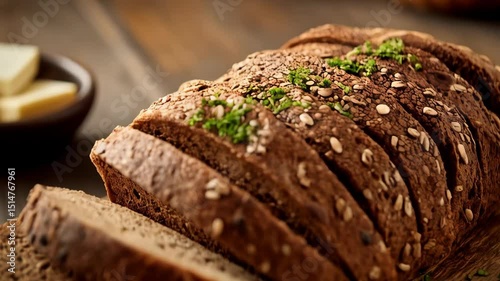 Sliced whole wheat bread loaf topped with seeds and herbs on wooden cutting board next to dish of butter pats on wood table