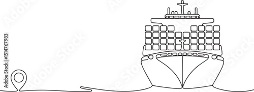 Continuous line drawing of ship path with starting point, minimalist port route vector icon in single line trace illustration style


