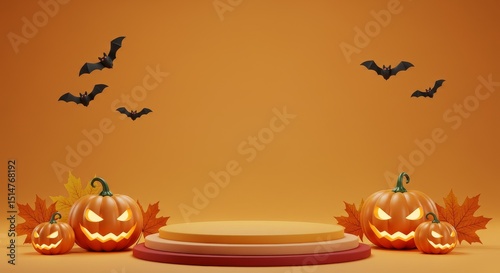 Halloween 3D Scene with Pumpkins Bats and Maple Leaves Illustration