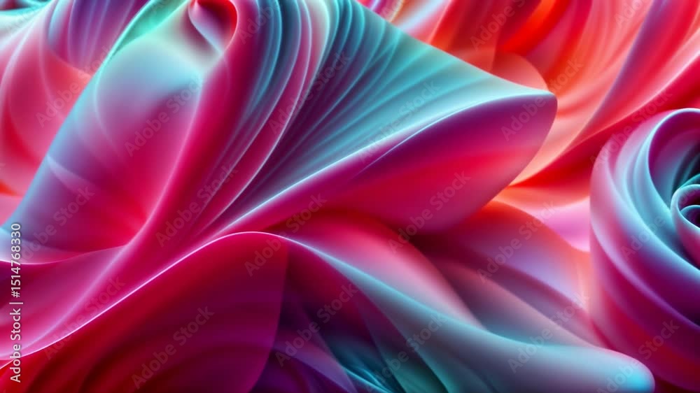 Delicate colorful waves and swirls smoothly intertwined in airy haze, creating mesmerizing abstraction. The colors vary from vibrant pinks and reds to cooler blues and purple. Loop seamless animation.