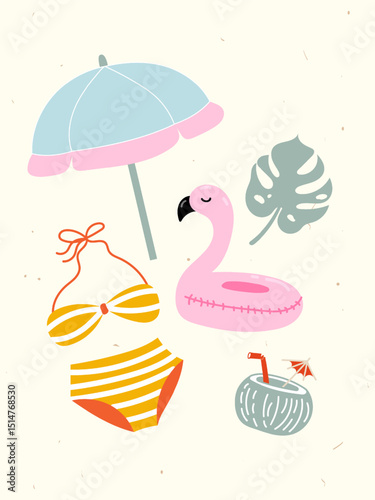 Trendy summer abstract poster with swimsuit, flamingo, cocktail, sun umbrella, monstera.  Beach and vacation hand drawn doodle elements. Vector travel illustration for wall decor, postcard, cover