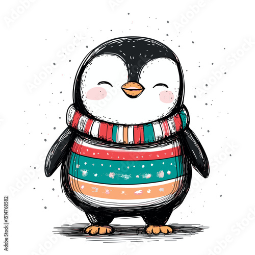 cute little penguin in cozy winter sweater isolated vector illustration