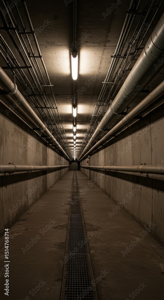 Fototapeta premium Illuminated Underground Tunnel Perspective Industrial Interior View