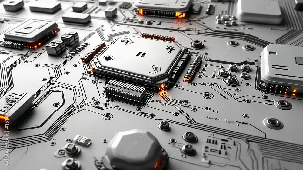 Detailed visualization of a modern computer motherboard with integrated circuits and processors