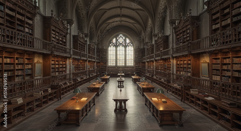 Fototapeta premium Grand Library Interior with Wooden Tables and Bookshelves