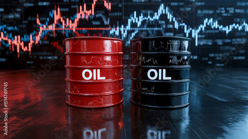 Oil Market Growth Concept with Barrel Icons and Global Financial Stock Trend Graph