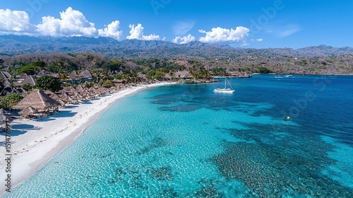 Aerial View of Tropical Island with White Sand Beach and Turquoise Water photo