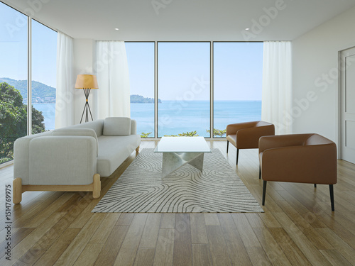 Sofa on wooden floor of living room in modern house. Minimal home interior 3d rendering with sea view.