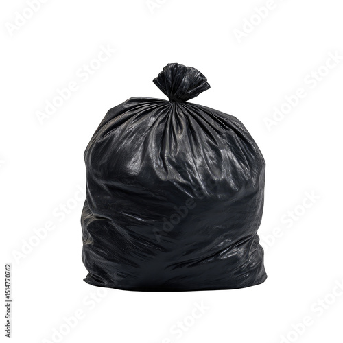 A full black plastic trash bag against a black background