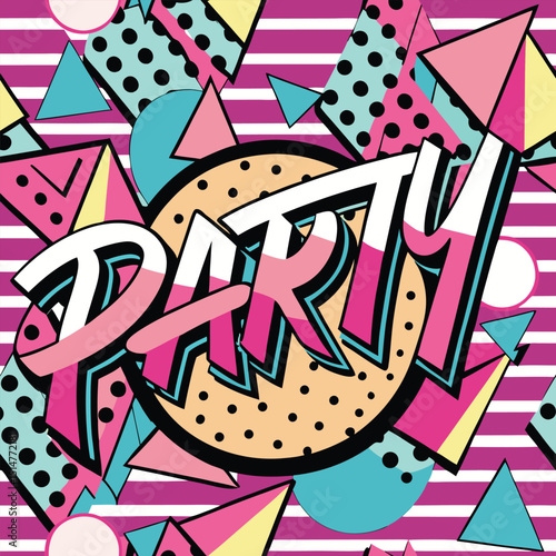 Colorful abstract seamless pattern featuring the word party with geometric shapes and vibrant 80s retro inspired design