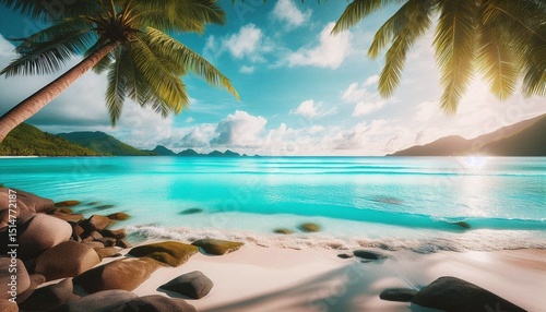 Tropical paradise island beach with palm trees, turquoise sea, and summer sky