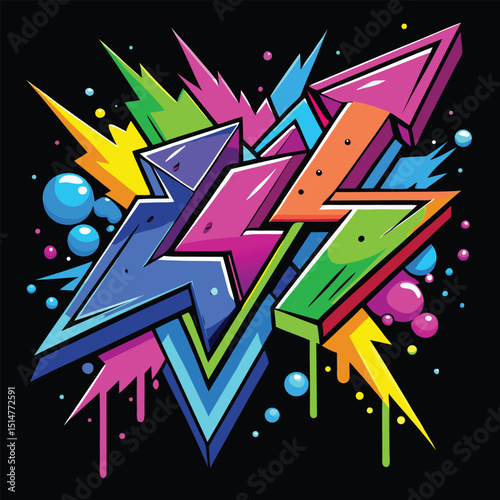 Dynamic vector illustration of a colorful graffiti style design on a black background abstract seamless pattern