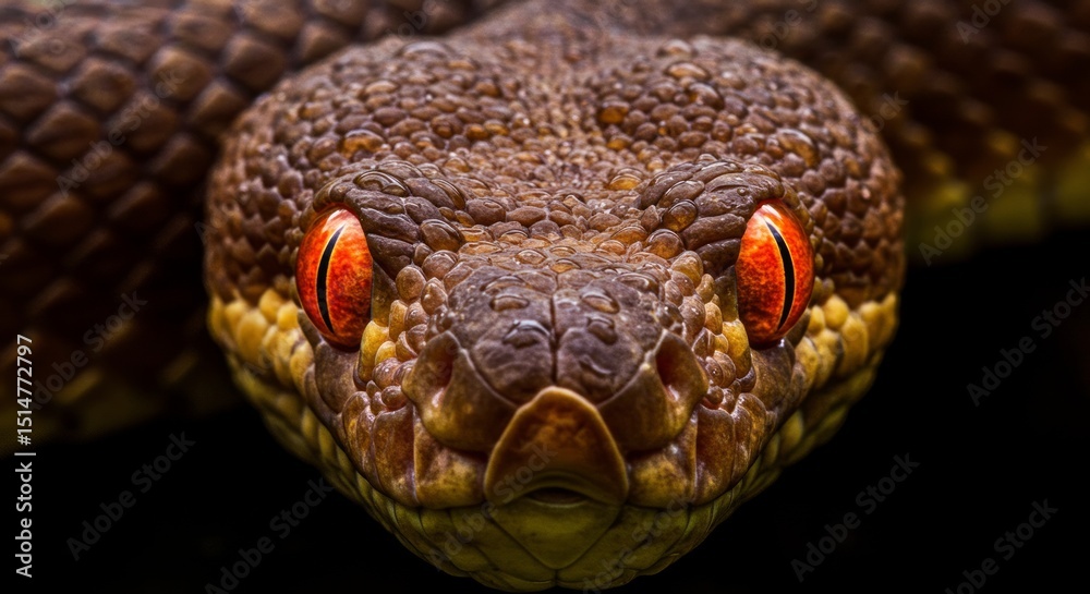 Fototapeta premium Snake Head with Red Eyes Macro Shot Reptile Portrait
