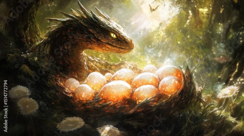 Dragon Protecting Eggs in a Forest Nest