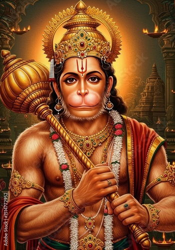 Illustration of Powerful Golden Hanuman Hindu God Deity Spiritual Art