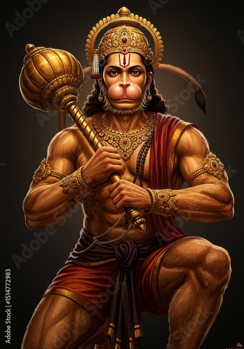Illustration Of Powerful Hanuman Hindu God Golden Mace Divine Portrait