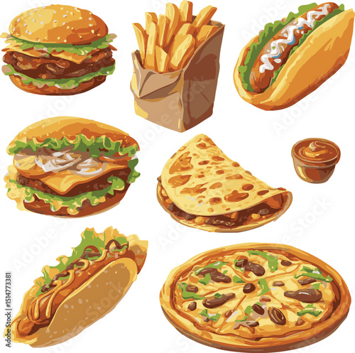 Delicious fast food feast diner digital art colorful display aerial view culinary variety