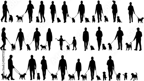 Group people all ages activities with dogs vector silhouette set collection.
