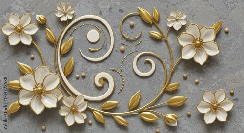 Illustration of White Flowers and Gold Accents on Stone Texture Backdrop