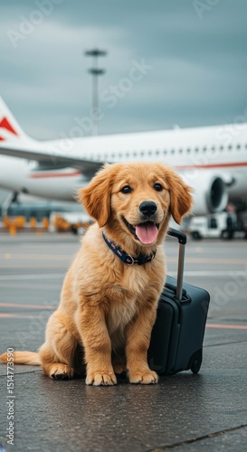 Dog with Luggage Waiting near Airplane at Airport Tarmac Outdoors