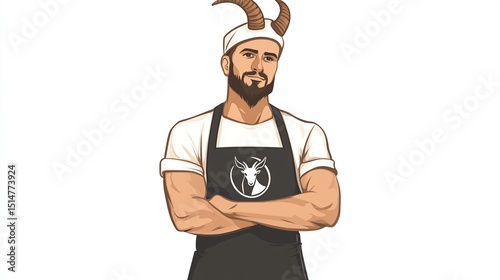 A man with goat horns, wearing an apron and a t-shirt, with arms crossed
