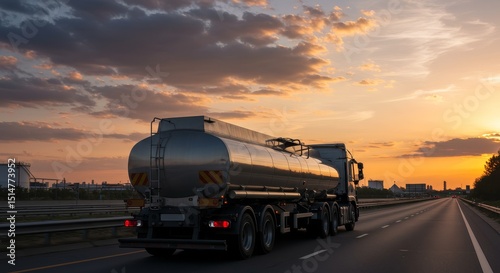 Dramatic Sunset Over a Highway with a Metallic Fuel Tanker Truck