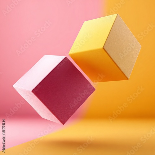 Two geometric cube on a pink-yellow background. Cubes floating in the air, with shadows and colors. Create a perfect aesthetic and visual