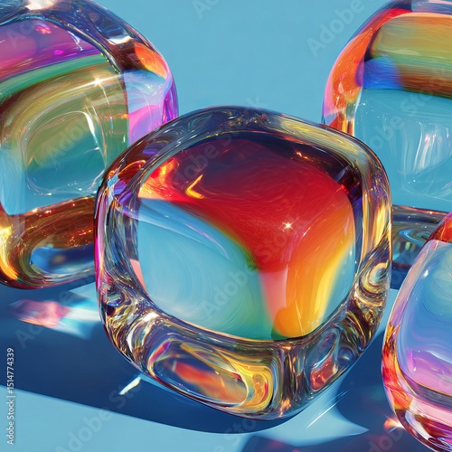 A mesmerizing abstract composition featuring transparent, colorful objects reflecting vibrant hues
