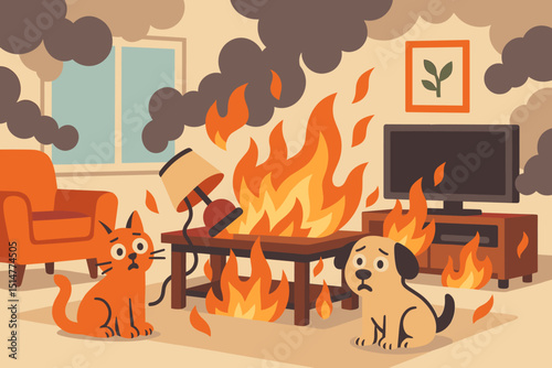 Cartoon cat and dog accidentally starting house fire. Living room ablaze. Vector illustration for pet safety awareness, home insurance claims, fire hazard prevention, domestic accidents.