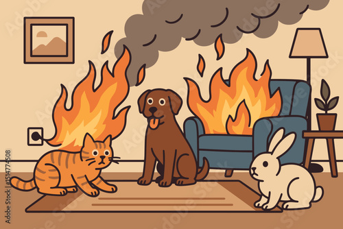 Pets causing house fire. Unattended cat, dog, and rabbit in burning living room. Home safety hazard, electrical fire danger. Domestic animal accident, emergency concept illustration.