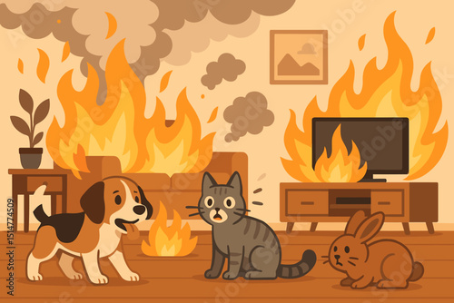 Pets in peril: Dog, cat, and rabbit in a burning living room illustration. Concept of house fire emergency, home safety, animal danger, and household hazard. Vector graphic of accident.