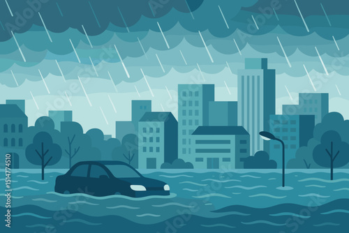 City flood catastrophe illustration with car submerged under heavy rain and stormy weather. Urban flooding, natural disaster, climate change impact, extreme weather event, emergency concept vector.