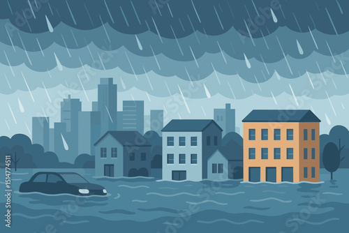 Flooded city vector illustration. Heavy rain and storm causing urban disaster. Submerged houses, buildings and car in floodwater. Climate change concept, natural catastrophe, emergency background.
