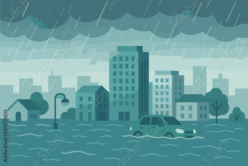 Flooded city submerged in water during heavy rain storm. Urban landscape natural disaster concept. Climate change impact illustration. Vector graphic of buildings and car underwater.
