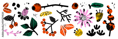 Cutout collage element asset pack. Set of rough vector shape. Trendy grunge texture, organic pattern, nature isolated element.