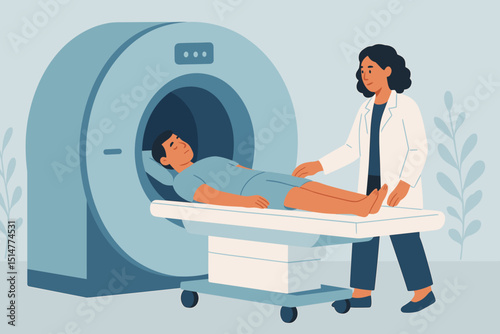 MRI examination scene with patient and doctor. Medical imaging procedure in hospital for diagnostics. Magnetic resonance imaging scan technology for healthcare. Medical vector illustration