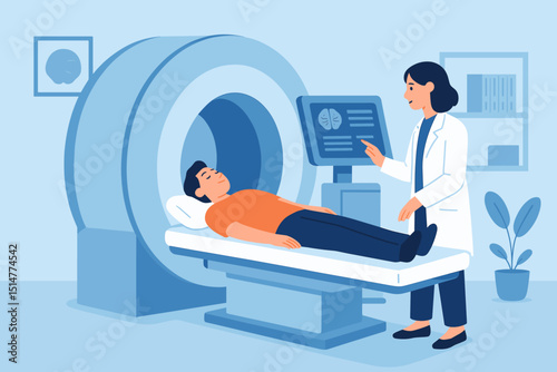 MRI scan. Medical diagnosis. Doctor examining patient. Hospital radiology. Health care technology. Brain imaging. Magnetic resonance. Tomography scanner. Modern clinic procedure. Health checkup.