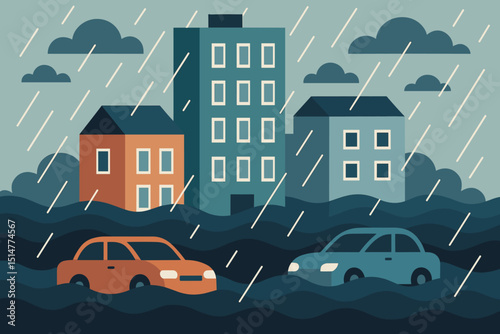 Flooded city landscape with heavy rain, submerged cars and buildings. Urban disaster, climate change concept. Extreme weather, flooding emergency. Natural catastrophe vector illustration.