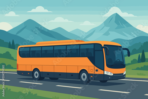 Orange tourist bus driving on scenic mountain highway. Vector illustration of a modern coach for travel, vacation, and transportation. Adventure journey through landscape with hills and sky.