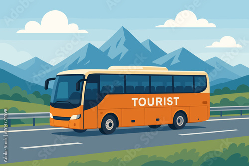 Tourist bus journey concept. Orange coach driving on highway mountain road for vacation tour. Charter passenger transport vehicle for sightseeing trip. Flat vector illustration adventure.