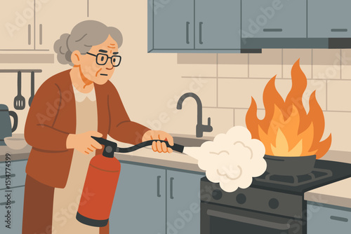 Senior woman using fire extinguisher in kitchen fire emergency. Elderly person with glasses combats flames on stove from burning pan. Home safety, accident prevention, hazard awareness. Vector.